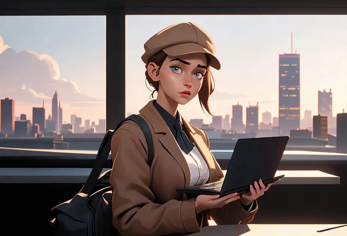 Young woman looking at laptop screen, wearing a newsboy cap, modern city skyline behind her..