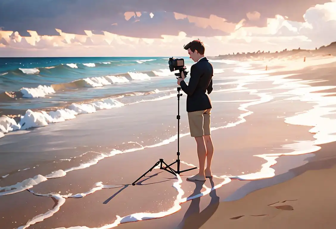 A professional photographer, dressed in stylish attire, capturing a magical sunset on a sandy beach..