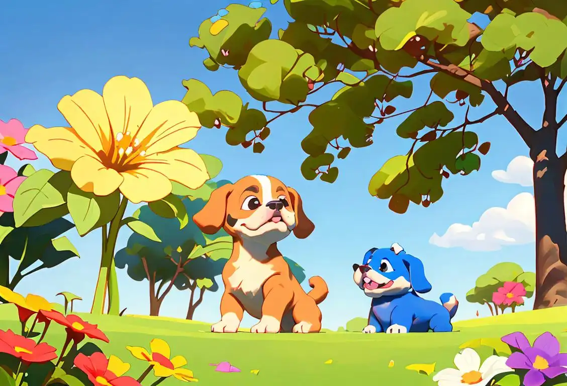 Happy puppies of all shapes and sizes playing in a beautiful park, surrounded by colorful flowers and a sunny blue sky..