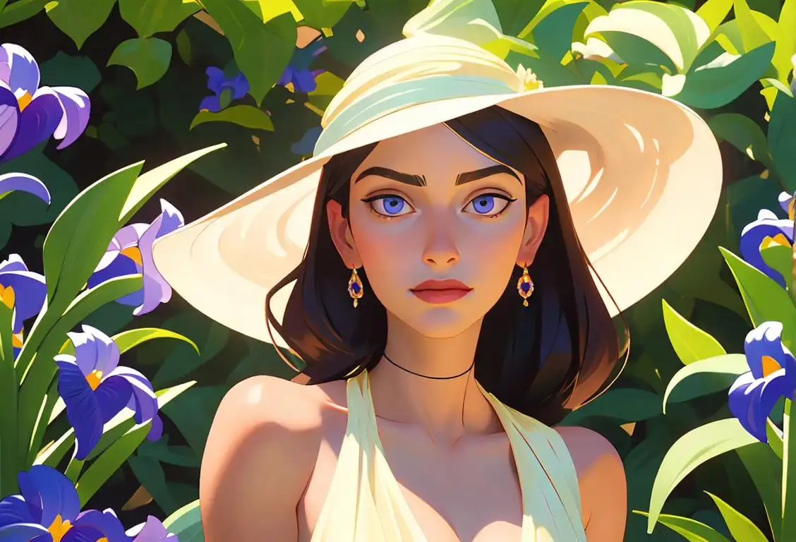 Elegant woman, surrounded by vibrant irises in a lush garden, wearing a sun hat and flowy dress, classical art inspiration..