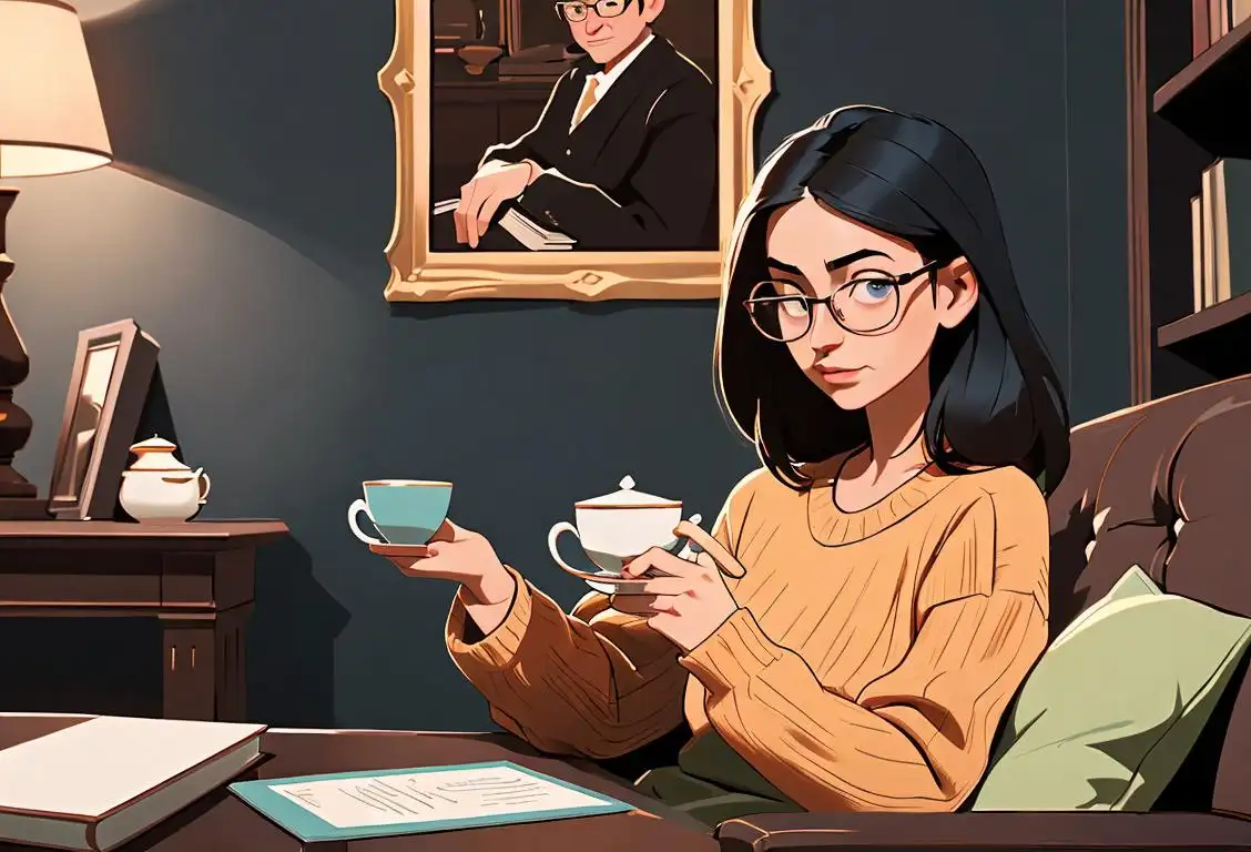 A person wearing trendy glasses, sitting in a cozy corner with a cup of tea, surrounded by virtual bookshelves filled with e-books..