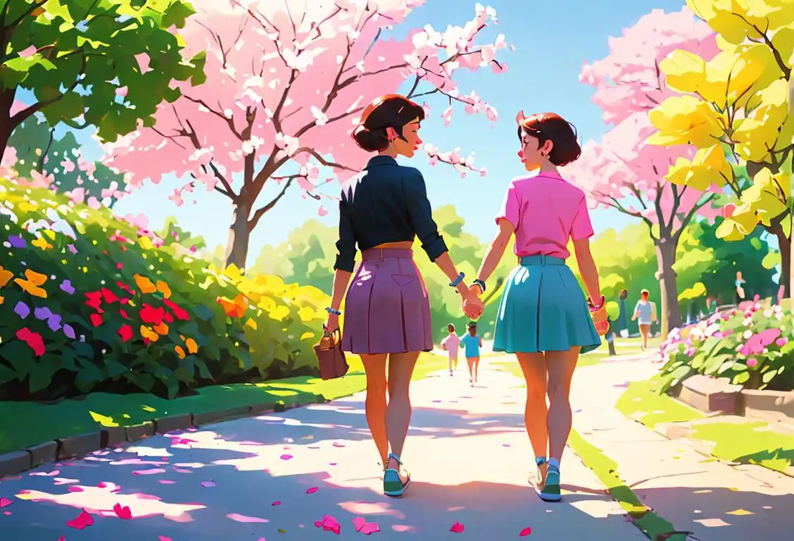 Two best friends holding hands, wearing matching bracelets, strolling through a beautiful park with colorful flowers in bloom..