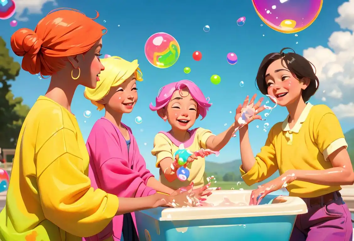 Happy individuals in brightly colored clothing, various generations, diverse backgrounds, cheerful outdoor setting with soap bubbles and water splashing..