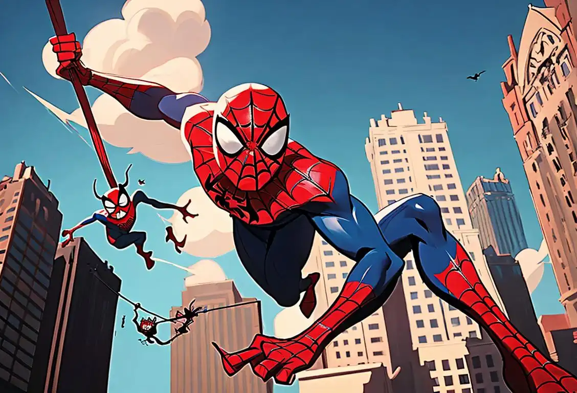 Image prompt: Young man dressed as Spider-Man swinging from a web, skyscrapers in the background..