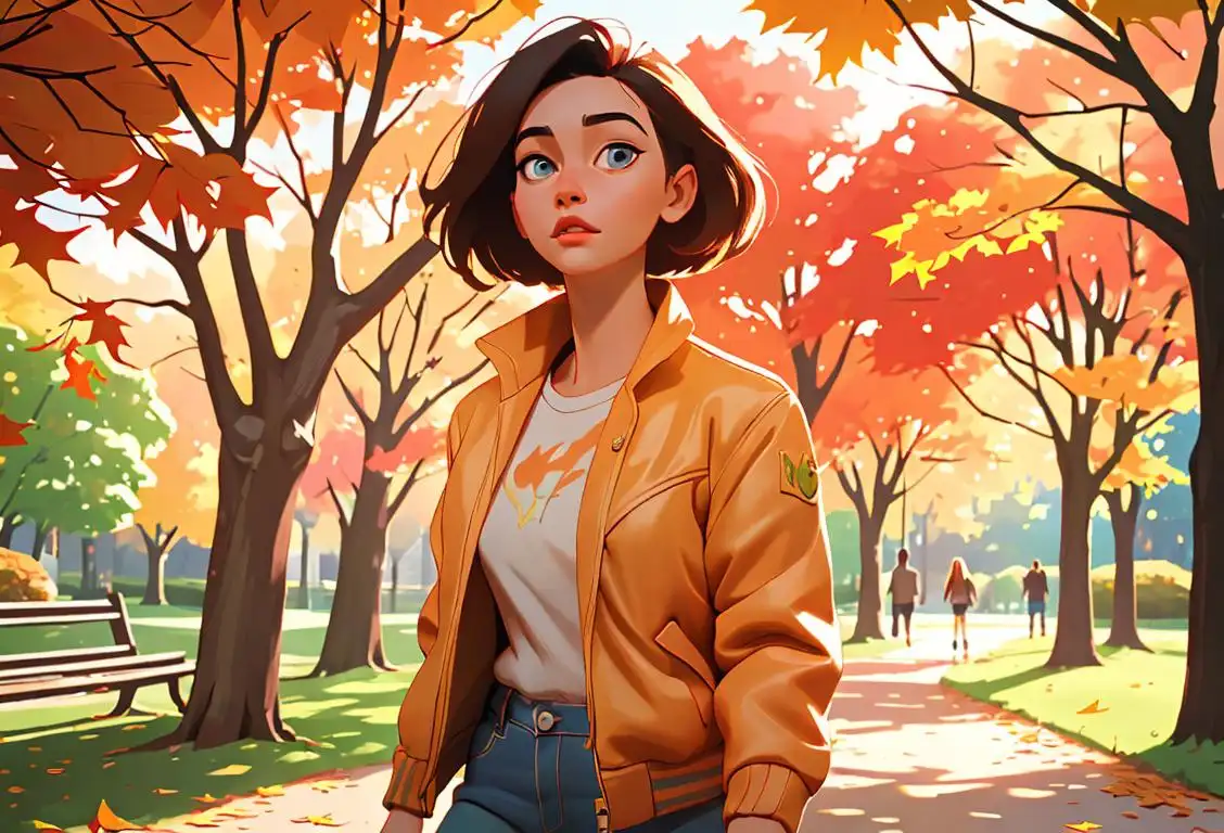 Young woman wearing a light jacket, walking in a vibrant autumn park, with leaves falling gracefully around her..