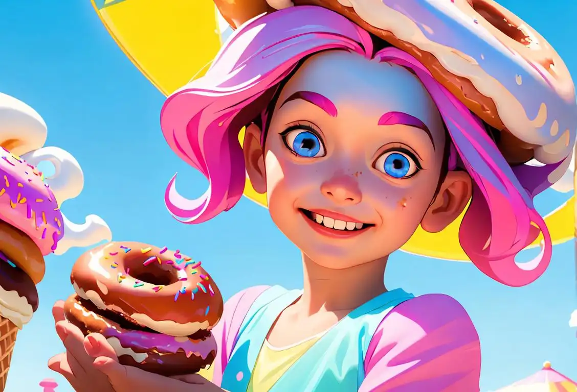 A joyful child holding a colorful ice cream donut, surrounded by an enchanting carnival atmosphere, wearing a cute summer outfit with a glowing smile..
