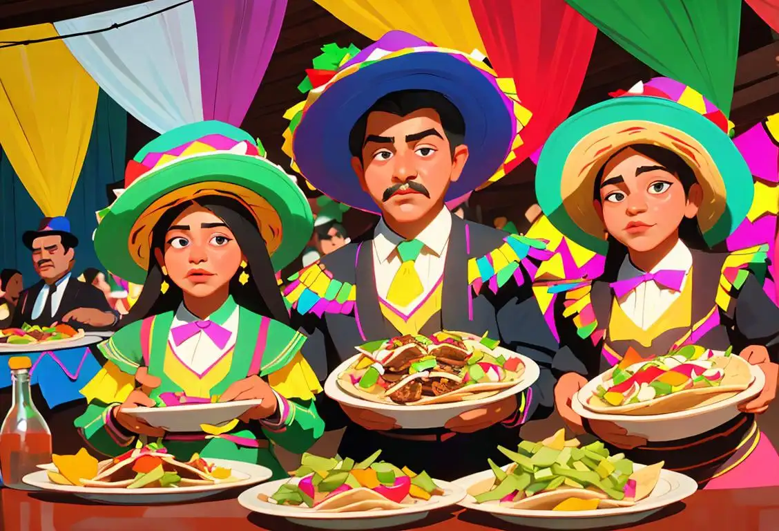 Platter of colorful tacos, a family wearing sombreros, vibrant Mexican fiesta decor, mariachi band playing in the background..