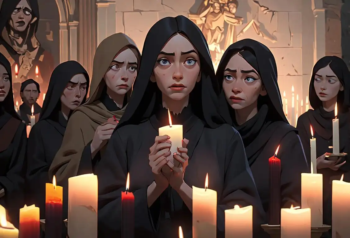 A group of diverse people huddled together, holding candles, wearing dark clothing, historical imagery in the background..