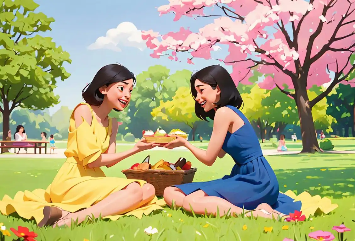Two sisters or a diverse group of girlfriends having a picnic in a beautiful park, wearing summer dresses, surrounded by flowers and laughter..