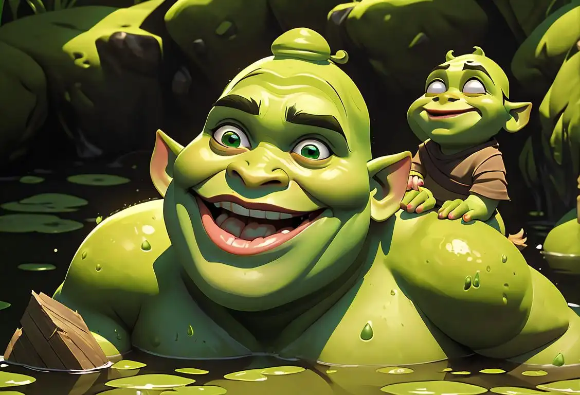 A joyful green ogre named Shrek, surrounded by laughter and adventure, in a whimsical swamp setting. Explore the layers of fun with your donkey companion!.