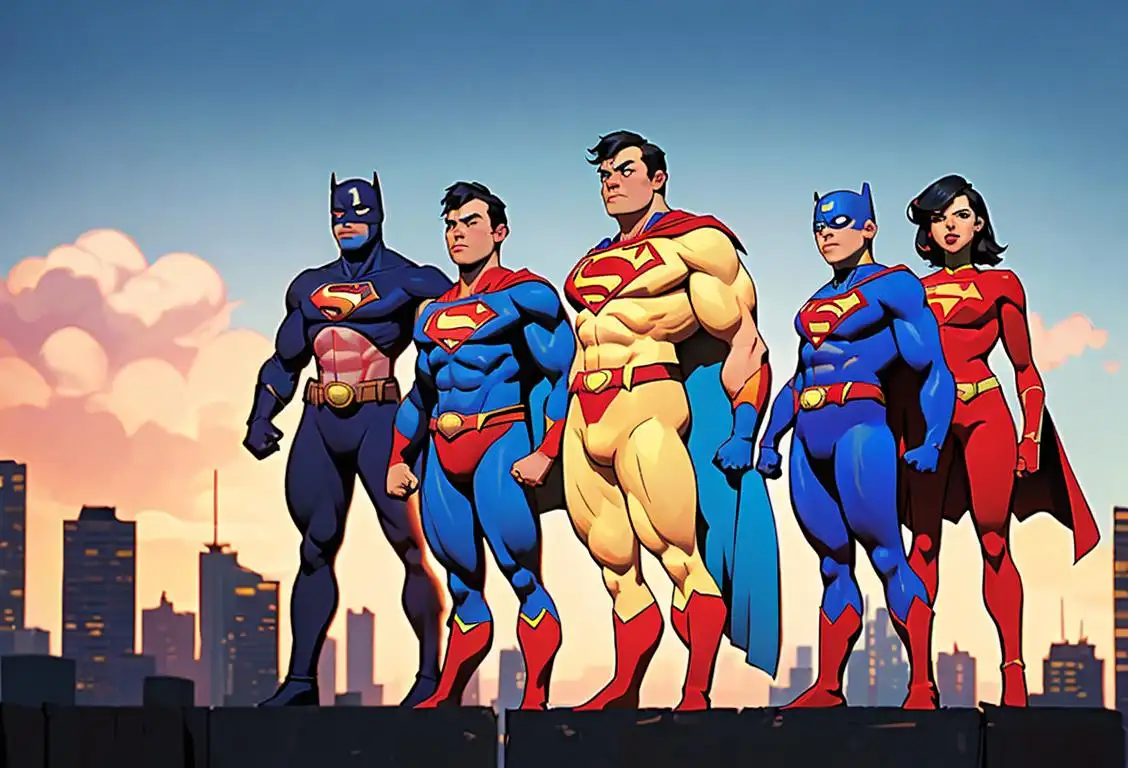 A group of diverse superheroes standing together in front of a city skyline, wearing colorful costumes and striking heroic poses..