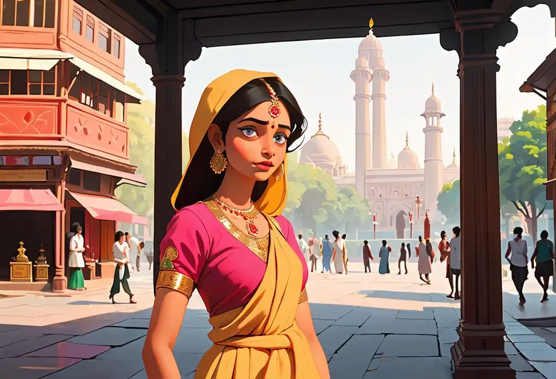 A young woman wearing traditional Indian clothing, exploring the bustling streets of the national capital, surrounded by historical landmarks and vibrant culture..