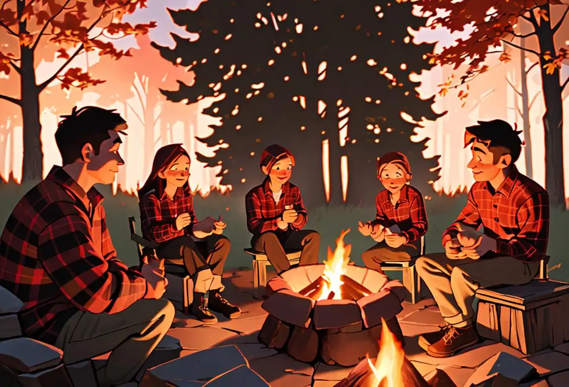 Cozy scene with friends gathered around a crackling campfire, roasting marshmallows, wearing plaid shirts, surrounded by vibrant autumn foliage..