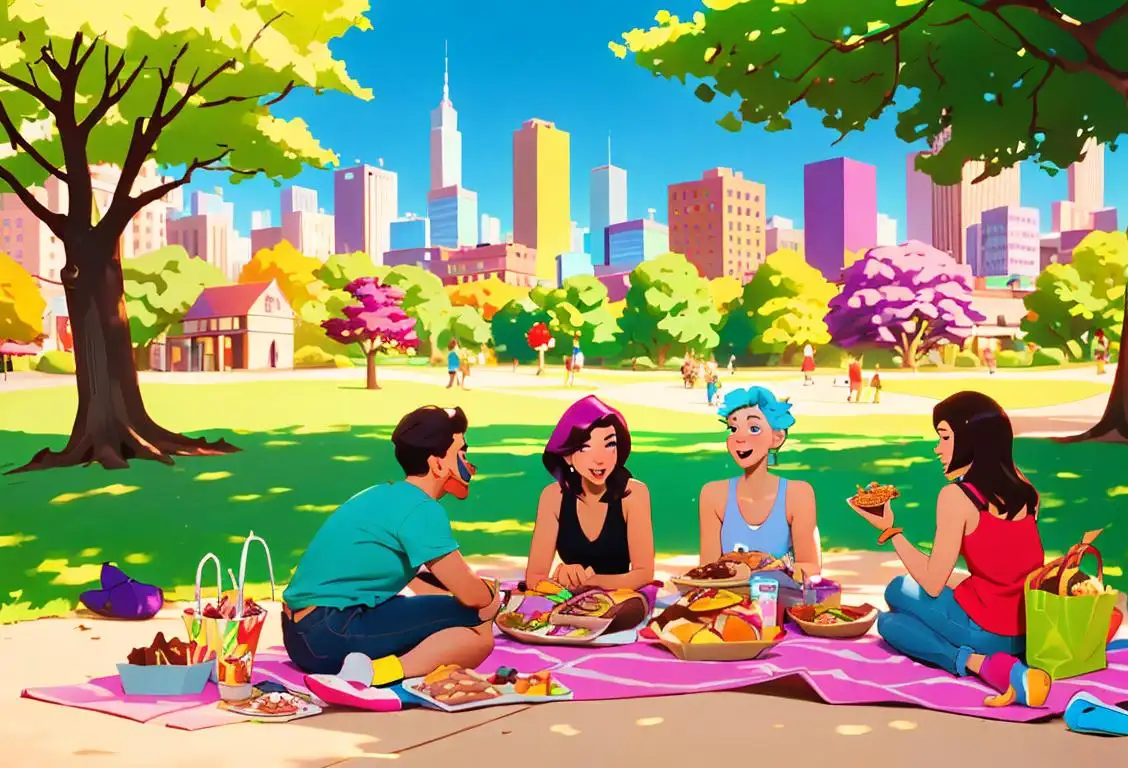 A group of friends enjoying a variety of colorful junk food at a picnic in a sunny park, wearing trendy casual outfits, with a city skyline in the background..