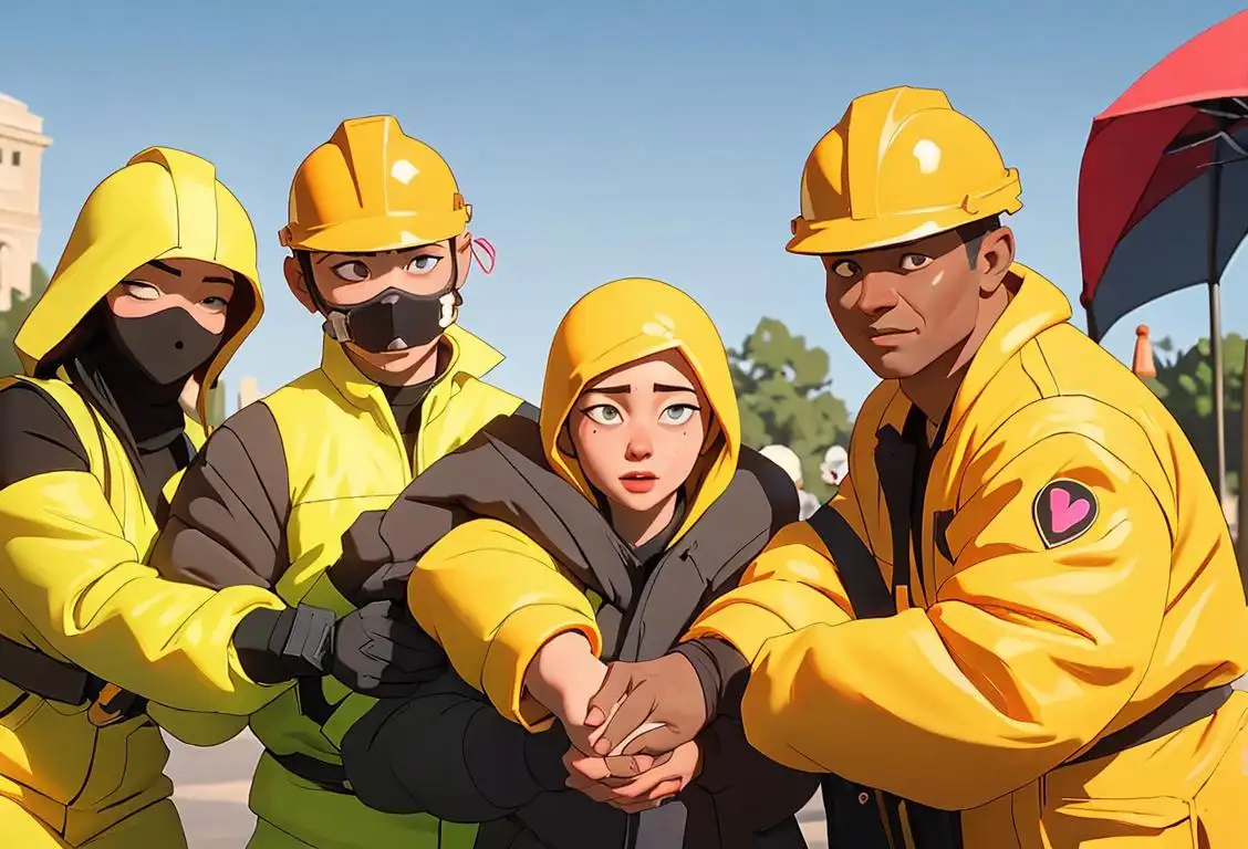 Group of diverse individuals wearing safety gear, holding hands, protecting a heart symbol, in a community park setting..