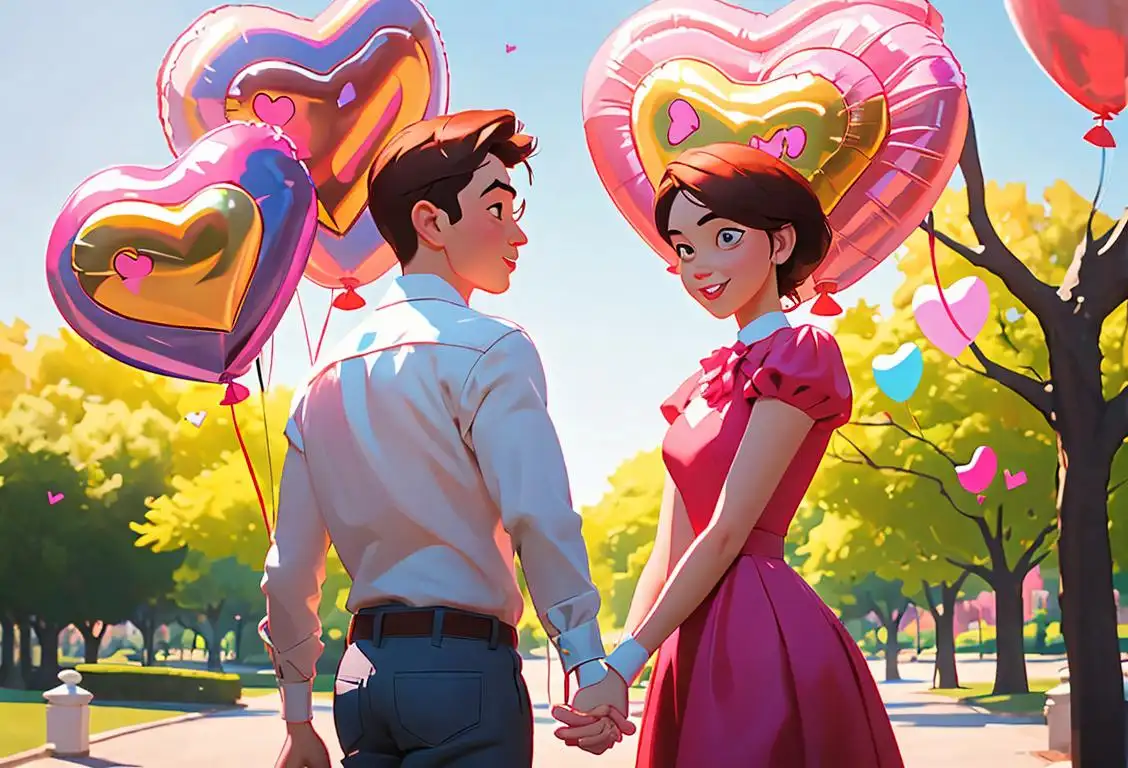 Happy couple in matching outfits, holding hands and surrounded by heart-shaped balloons in a romantic park setting..