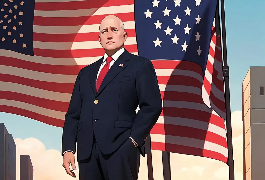 A future president's national security adviser in a business suit, holding a folder, standing in front of the American flag.