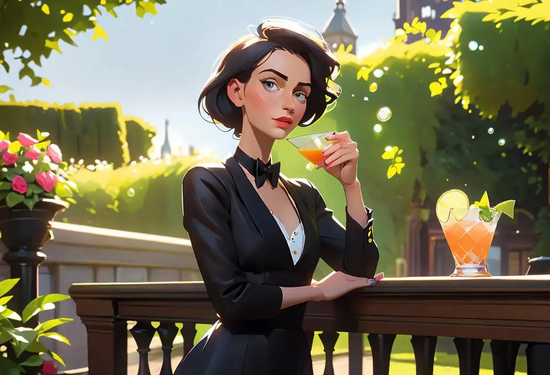 Young woman holding a classic gin and tonic cocktail, wearing a trendy British-inspired outfit, gardens of London scene..