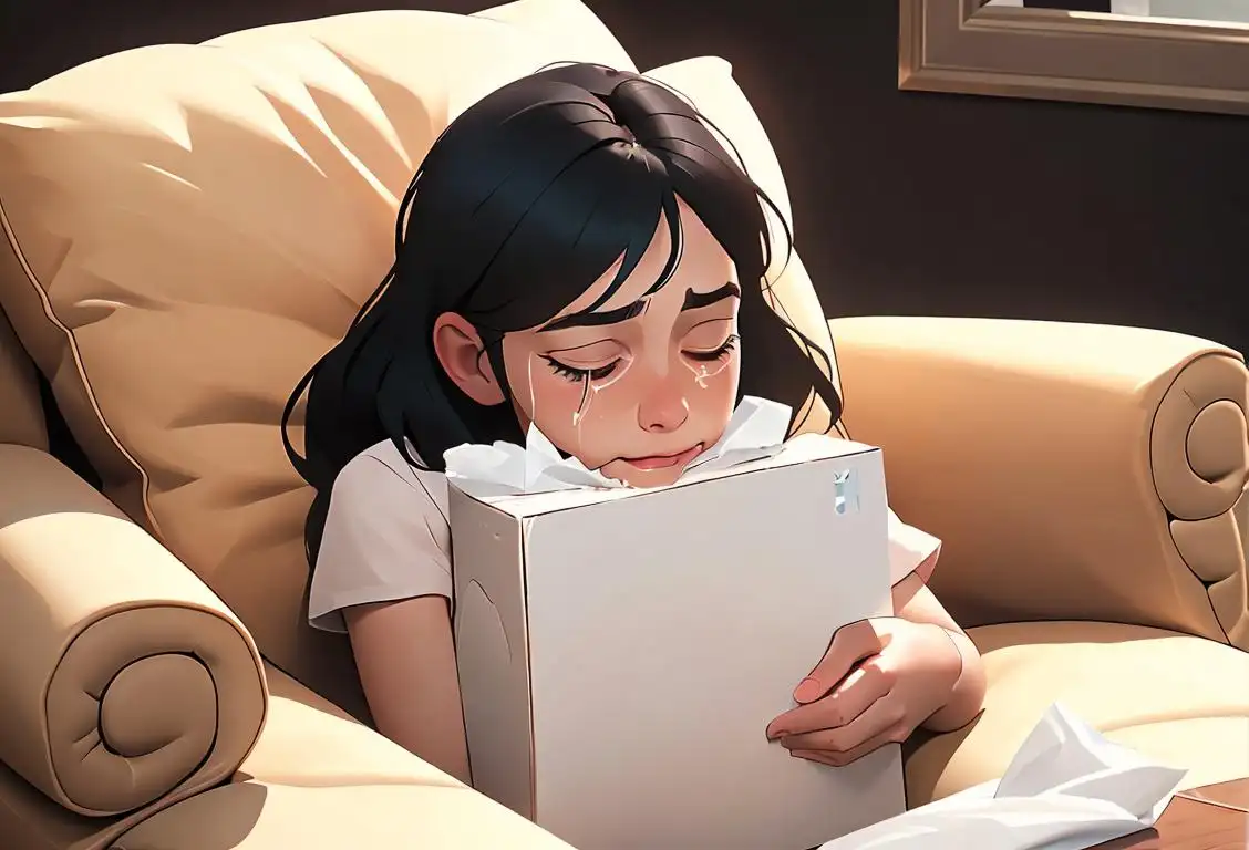 A person sitting on a cozy couch, surrounded by pillows and holding a tissue box, with tears gently rolling down their cheeks..