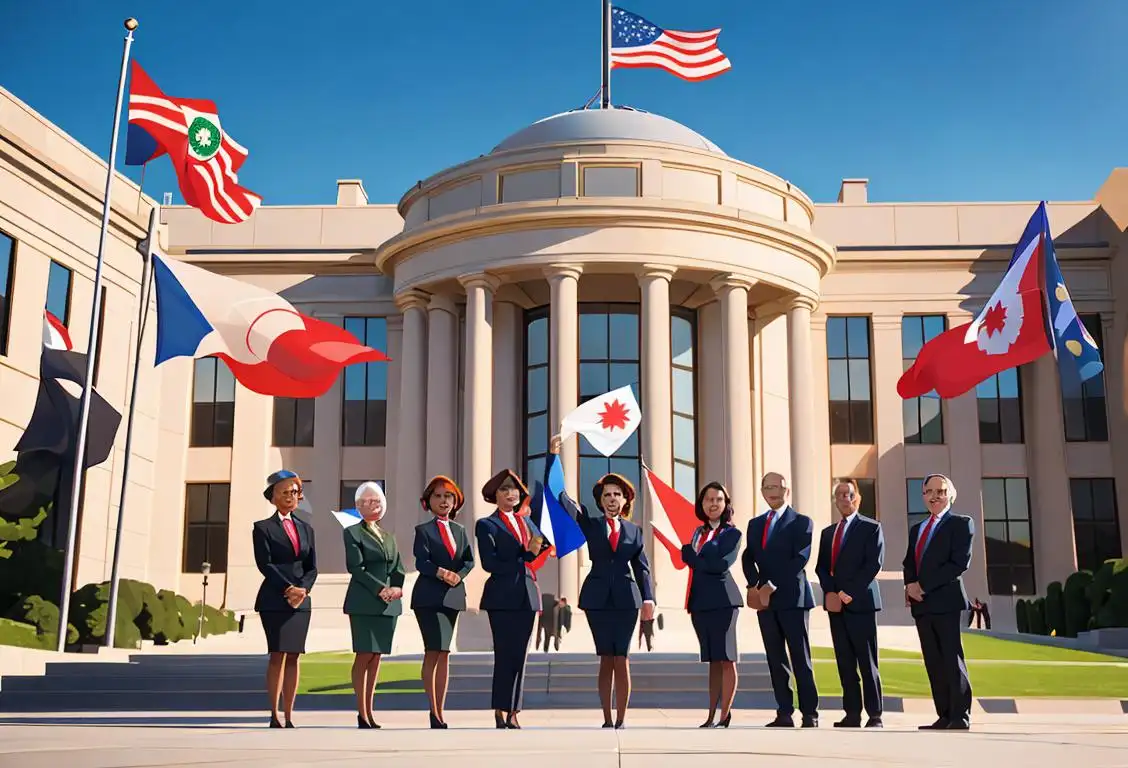 A group of diverse people dressed in business attire, standing in front of a federal building with flags waving, celebrating National Federal Day..