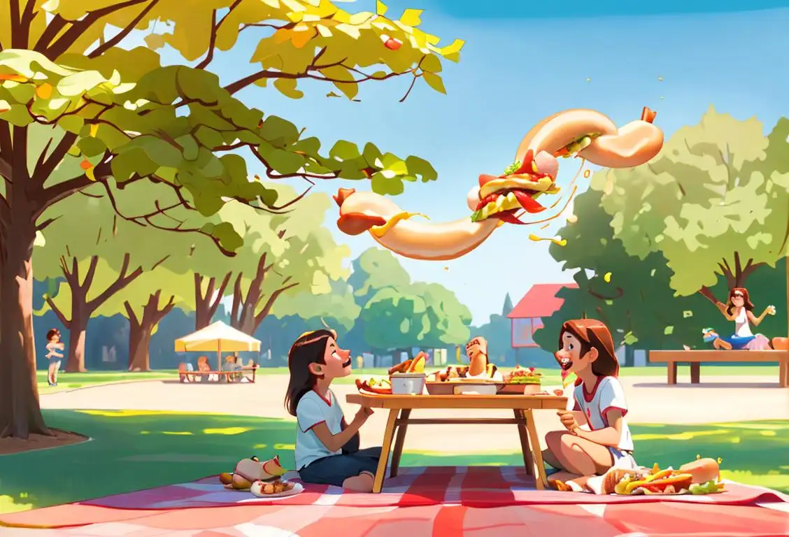 Joyful family gathered around a picnic table, devouring hot dogs with a variety of toppings, surrounded by an idyllic summer park scene..