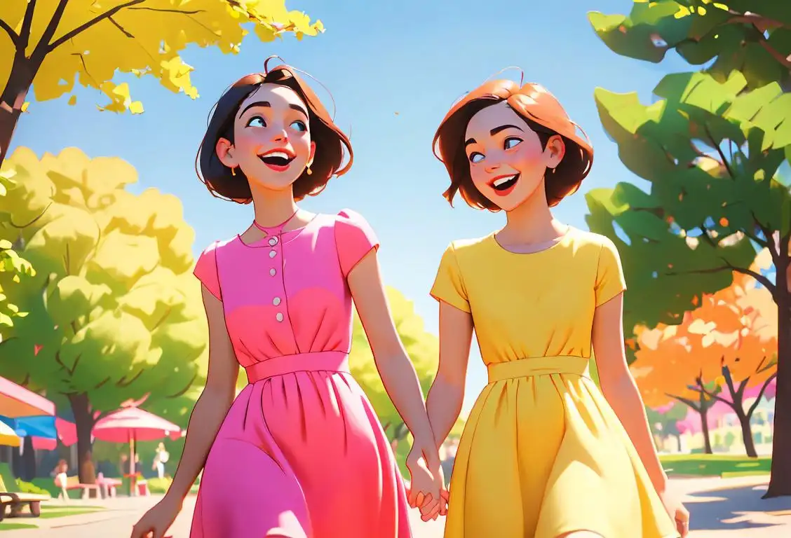 Two young women, wearing colorful sundresses, laughing and holding hands while walking through a sunny park..