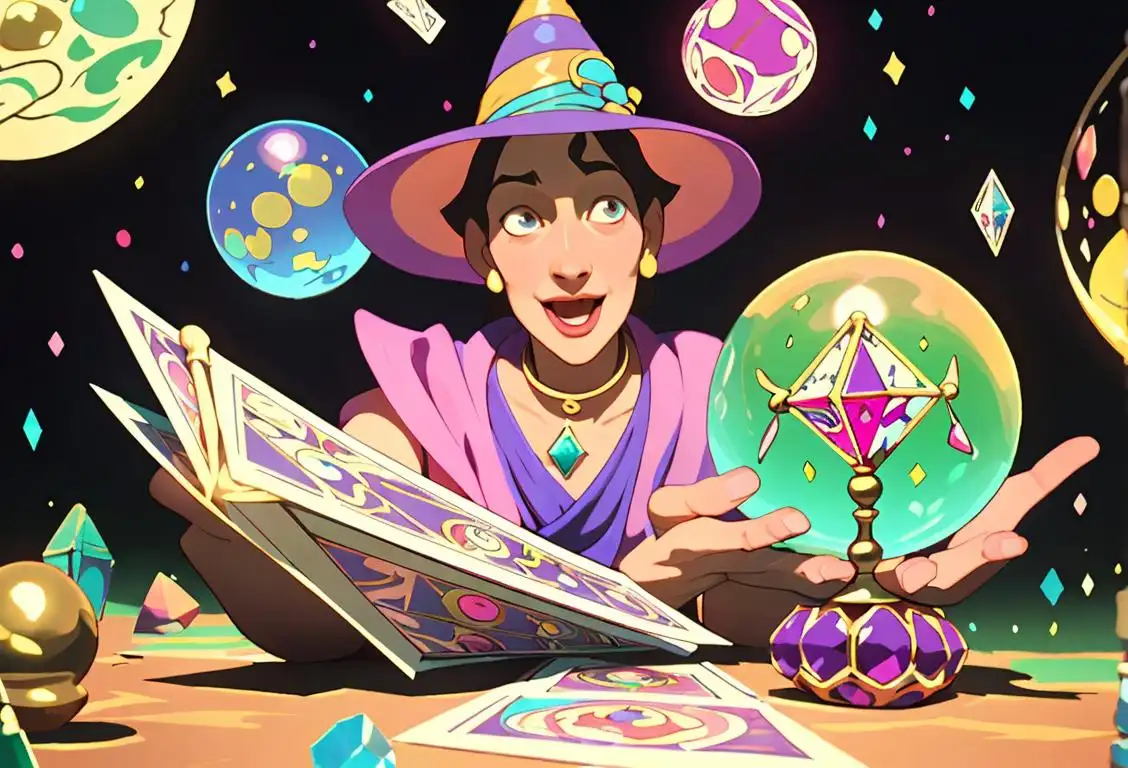 Cheerful person wearing a colorful party hat and holding a crystal ball, surrounded by mysterious and whimsical objects, like tarot cards and a magic wand..