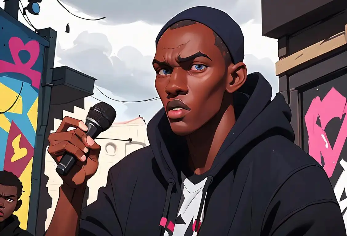 Young man with fierce style, wearing a hoodie and holding a microphone, urban street scene with graffiti art in the background..