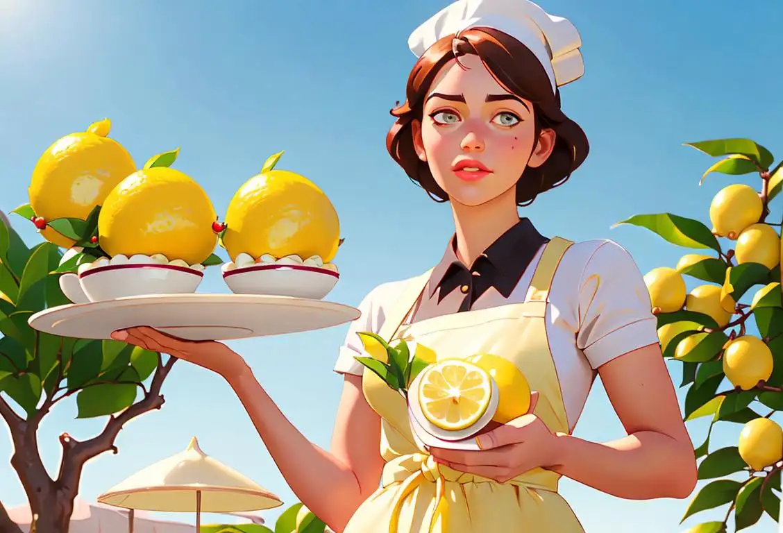 A person holding a lemon cupcake with a sunny backdrop, wearing a chef hat, vintage apron, and surrounded by lemon trees..