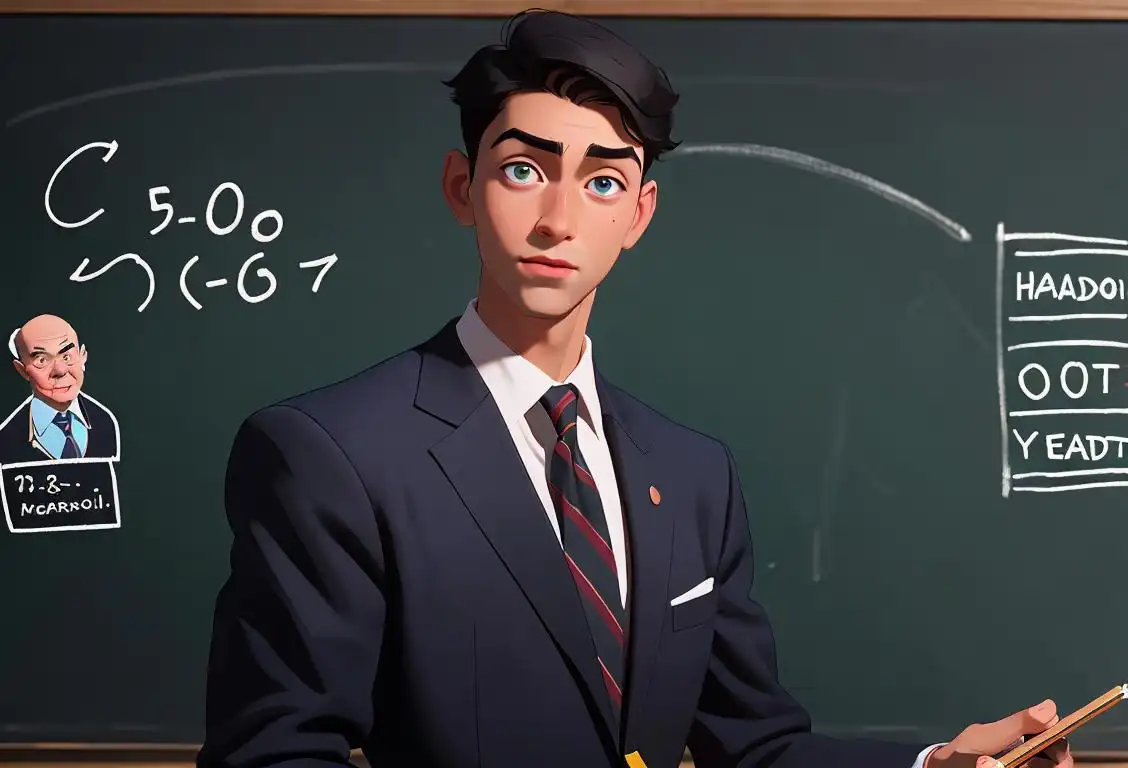 Young male adult wearing a suit, teaching a classroom of diverse students, school chalkboard in the background..