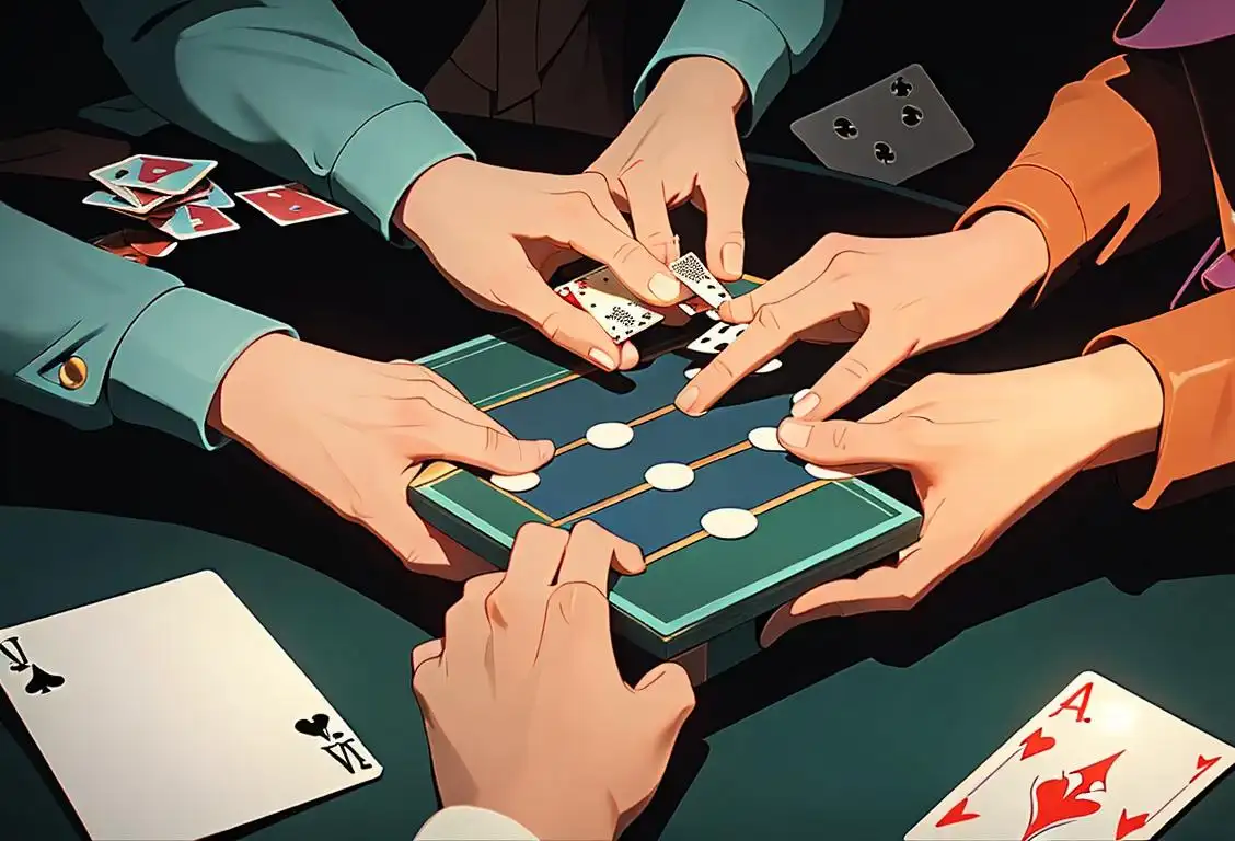 Close-up of hands shuffling a deck of cards, set against a backdrop of players engrossed in a friendly game, surrounded by colorful card suits..