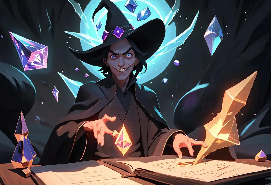 A black mage with a mischievous smile, wearing a pointy hat and long robe, surrounded by magical books and glowing crystals..