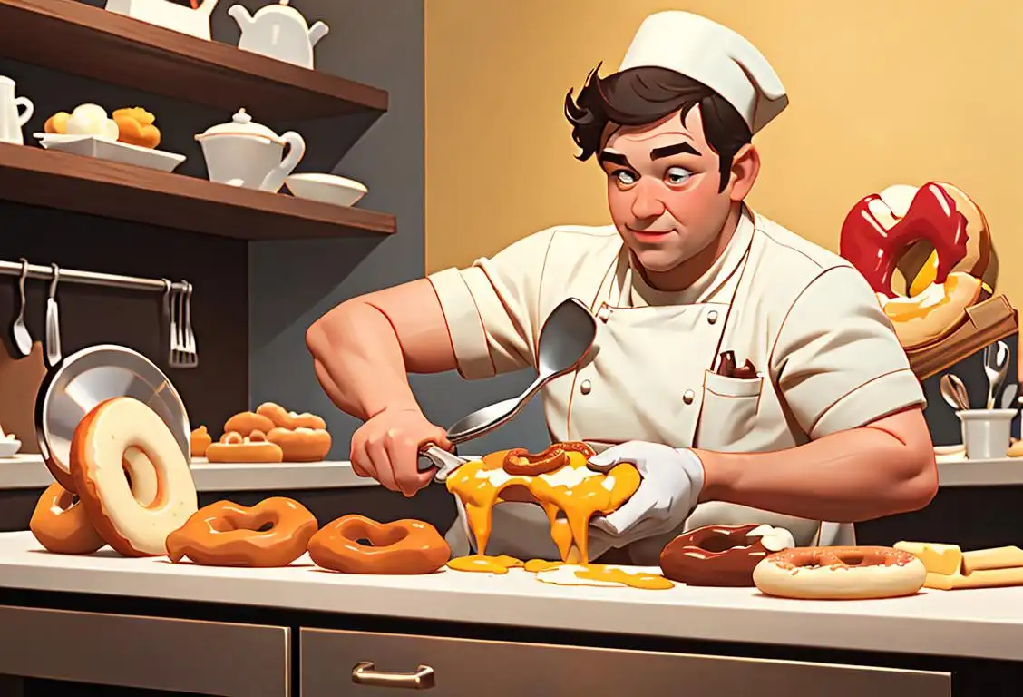 Young adult holding a cheesy donut, wearing a chef's hat, kitchen scene with utensils and cheese decorations..