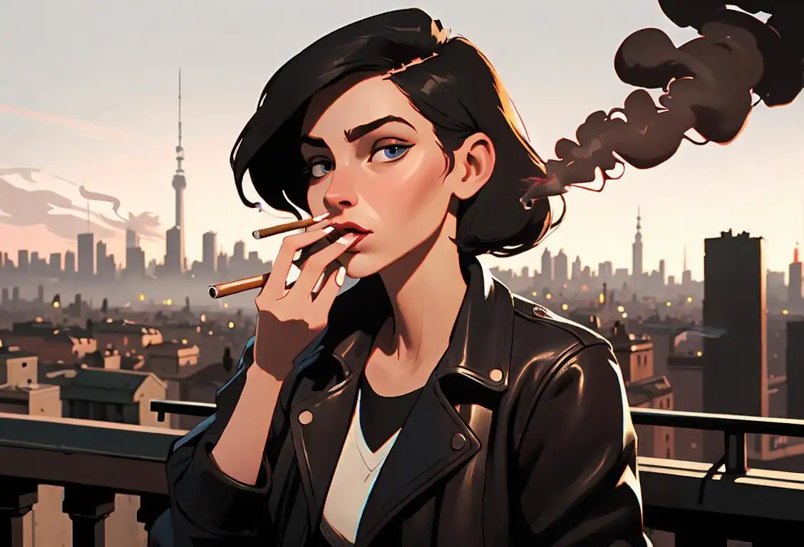 Young woman taking a puff from a cigarette, wearing a vintage leather jacket, urban cityscape background.