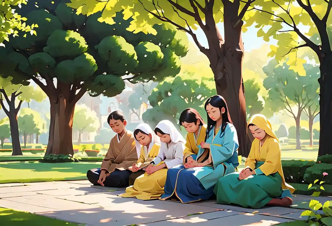 Group of diverse people from different cultures, holding hands and having their eyes closed in prayer, with a peaceful garden setting in the background..