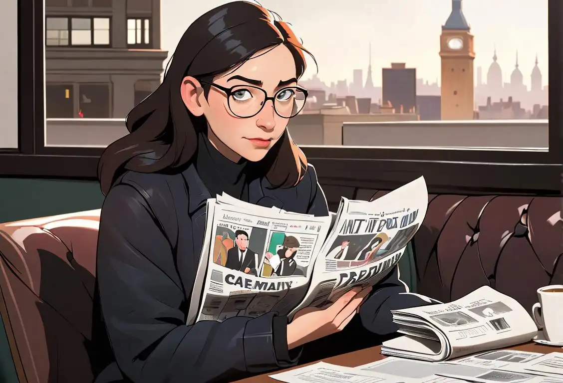 A person reading a national newspaper while sitting at a cozy cafe, wearing stylish glasses, with a bustling cityscape in the background..