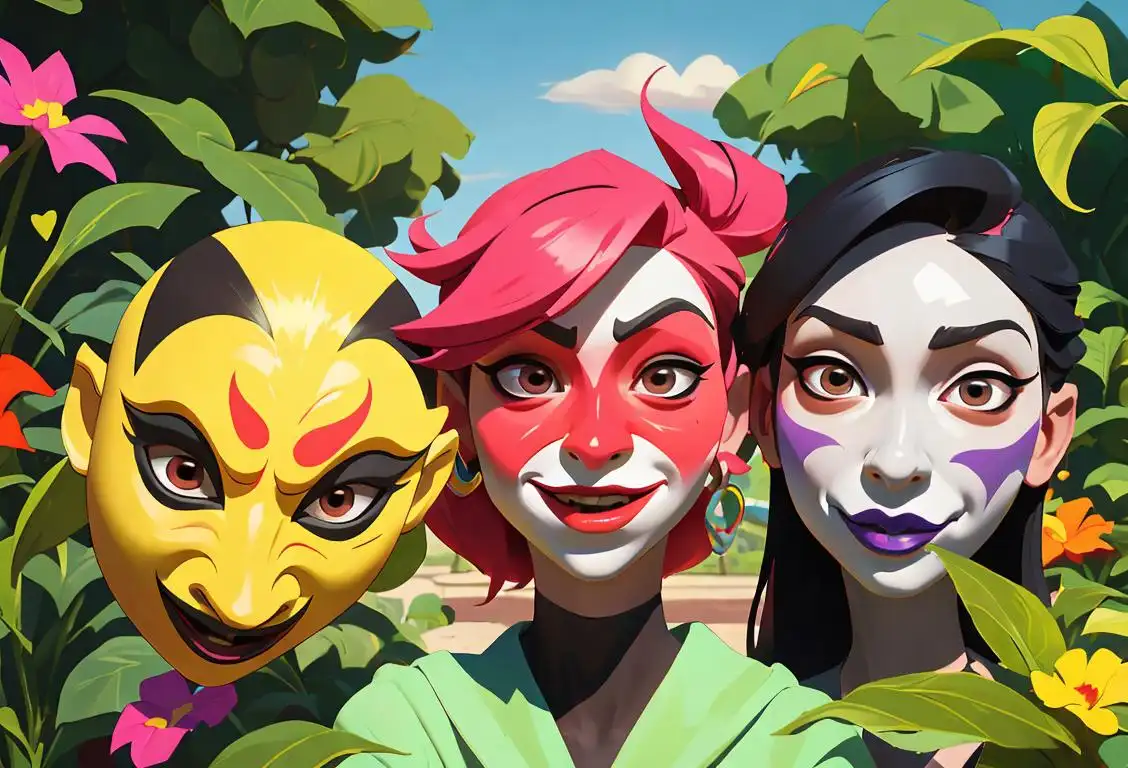 Group of diverse individuals, wearing a variety of fun and colorful masks, expressing their true selves in a vibrant garden setting..