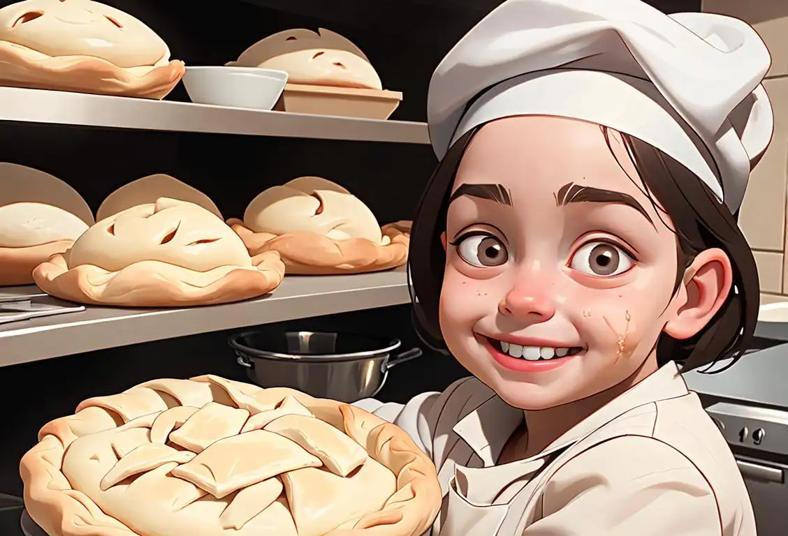 A smiling child with flour on their hands, wearing a chef hat, surrounded by a kitchen filled with freshly baked pies..