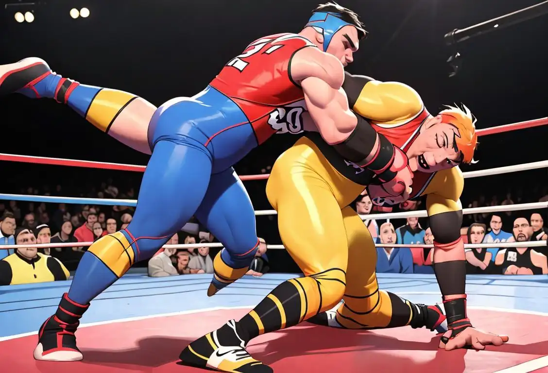 A wrestler, in colorful spandex attire, executing a body slam on his opponent in a crowded arena..