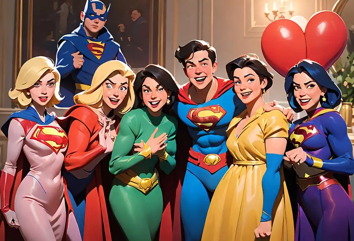 Group of friends swapping costumes: superhero capes, historical gowns, wacky cosplay outfits, surrounded by colorful decorations and laughter..