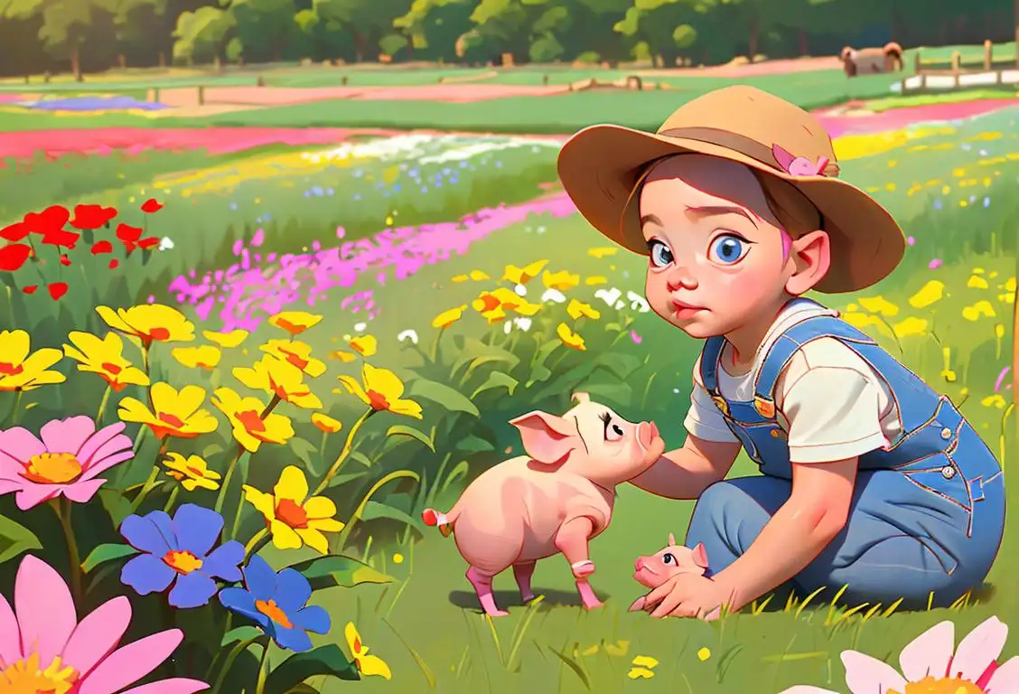 Young child embracing a playful piglet on a sunny farm, wearing denim overalls, surrounded by colorful wildflowers and a rustic barn..