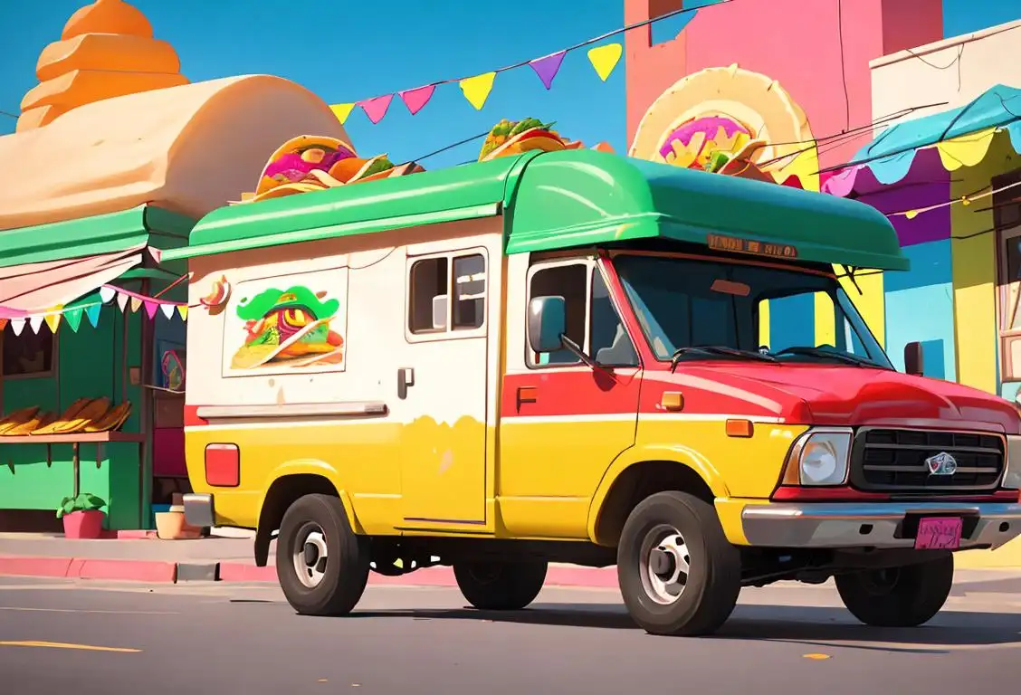 Colorful taco truck parked on a vibrant city street, people lined up wearing sombreros, festive Mexican decorations hanging in the background..