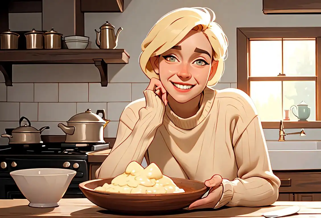 A happy person enjoying a bowl of deliciously creamy grits, wearing a cozy sweater, rustic farmhouse kitchen setting..