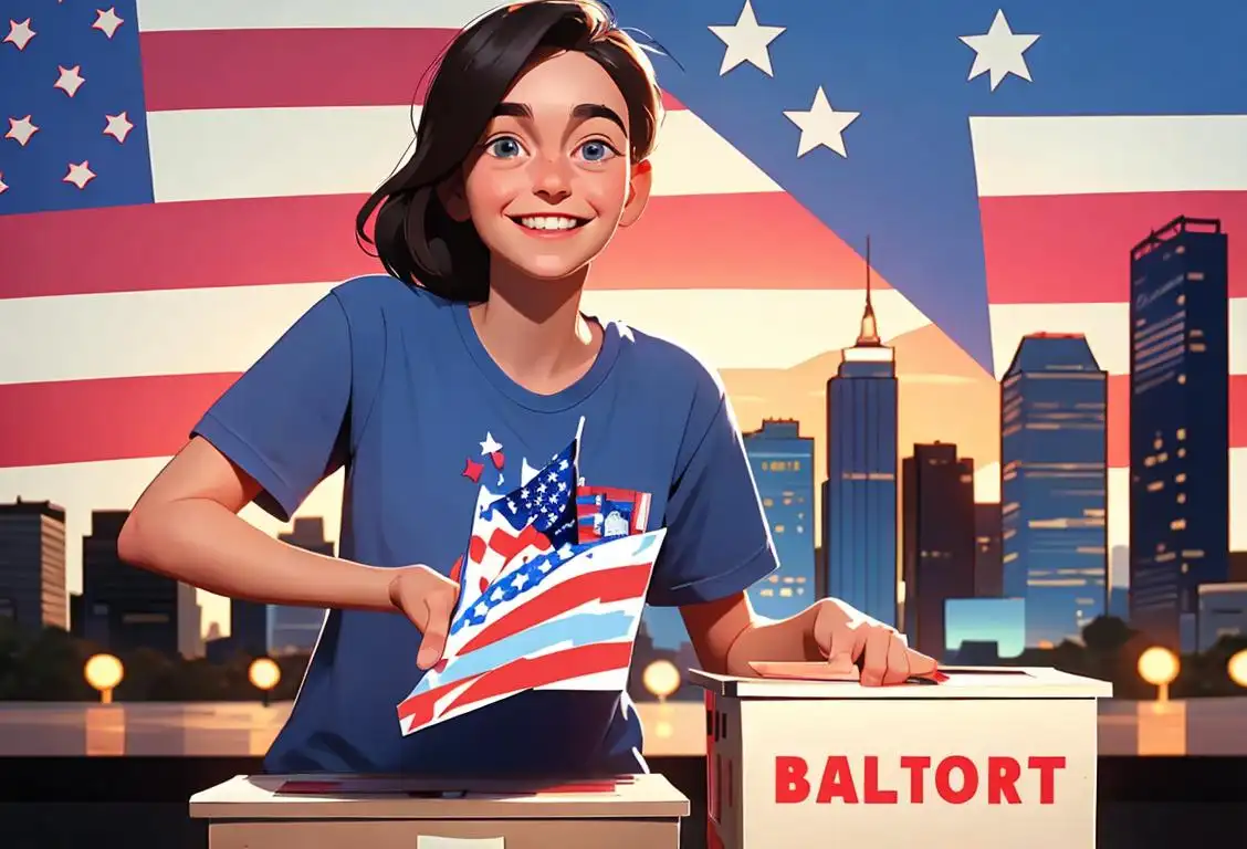 Young person smiling with enthusiasm, holding a ballot, wearing a patriotic t-shirt, American cityscape in the background..