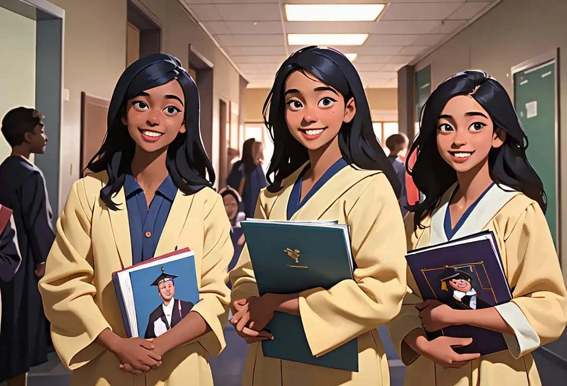 A group of diverse students in graduation gowns, holding yearbooks and smiling, with a school hallway in the background..