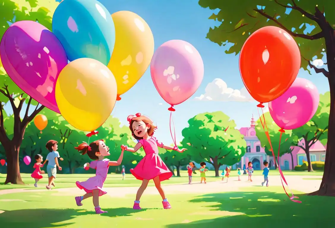 Cheerful kids playing with colorful balloons and wearing adorable costumes, in a whimsical park filled with laughter, surrounded by vibrant nature..
