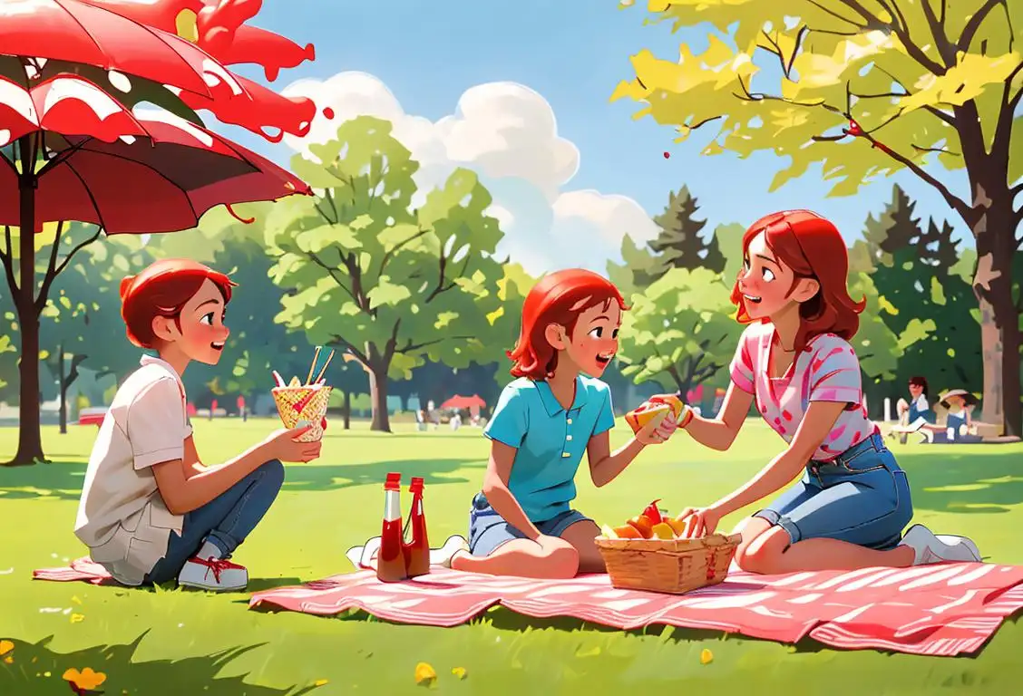 Cheerful family having a picnic with a bottle of ketchup, dressed in summery clothes, beautiful park setting..