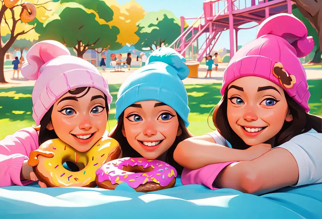Group of smiling donuts wearing colorful beanies, enjoying a picnic in a sunny park.