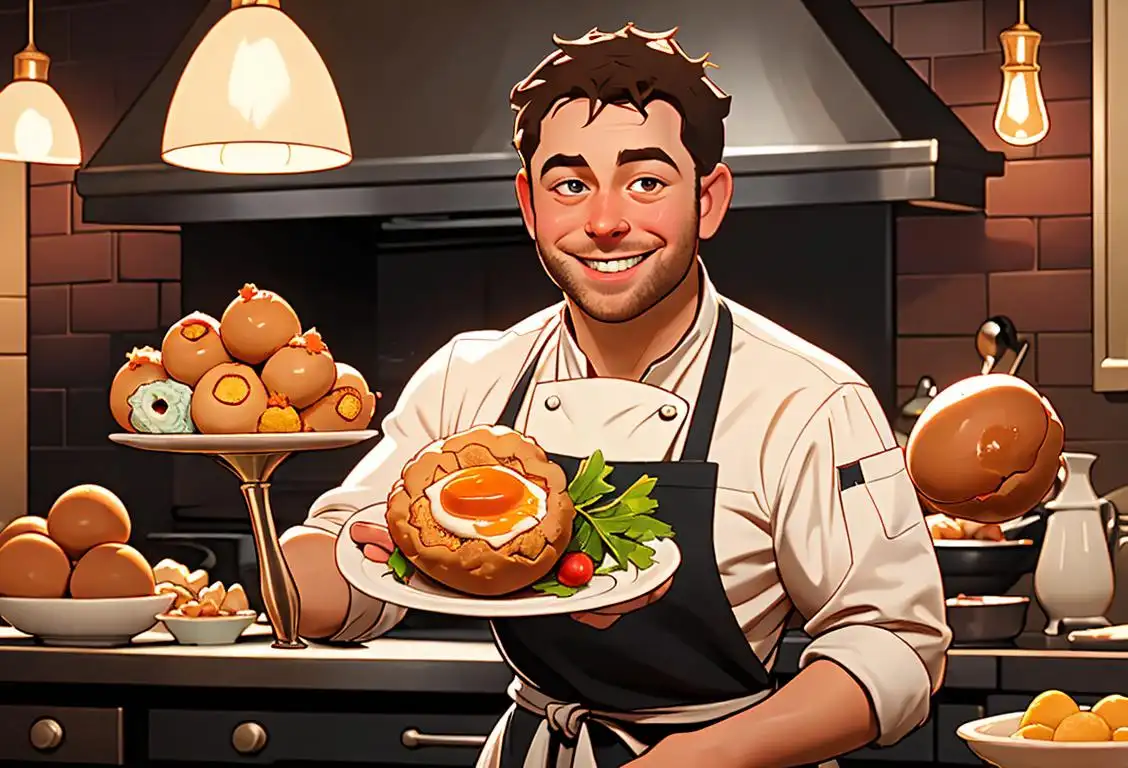 Smiling chef holding a cooked scotch egg with a group of people wearing aprons, celebrating in a festive kitchen atmosphere..