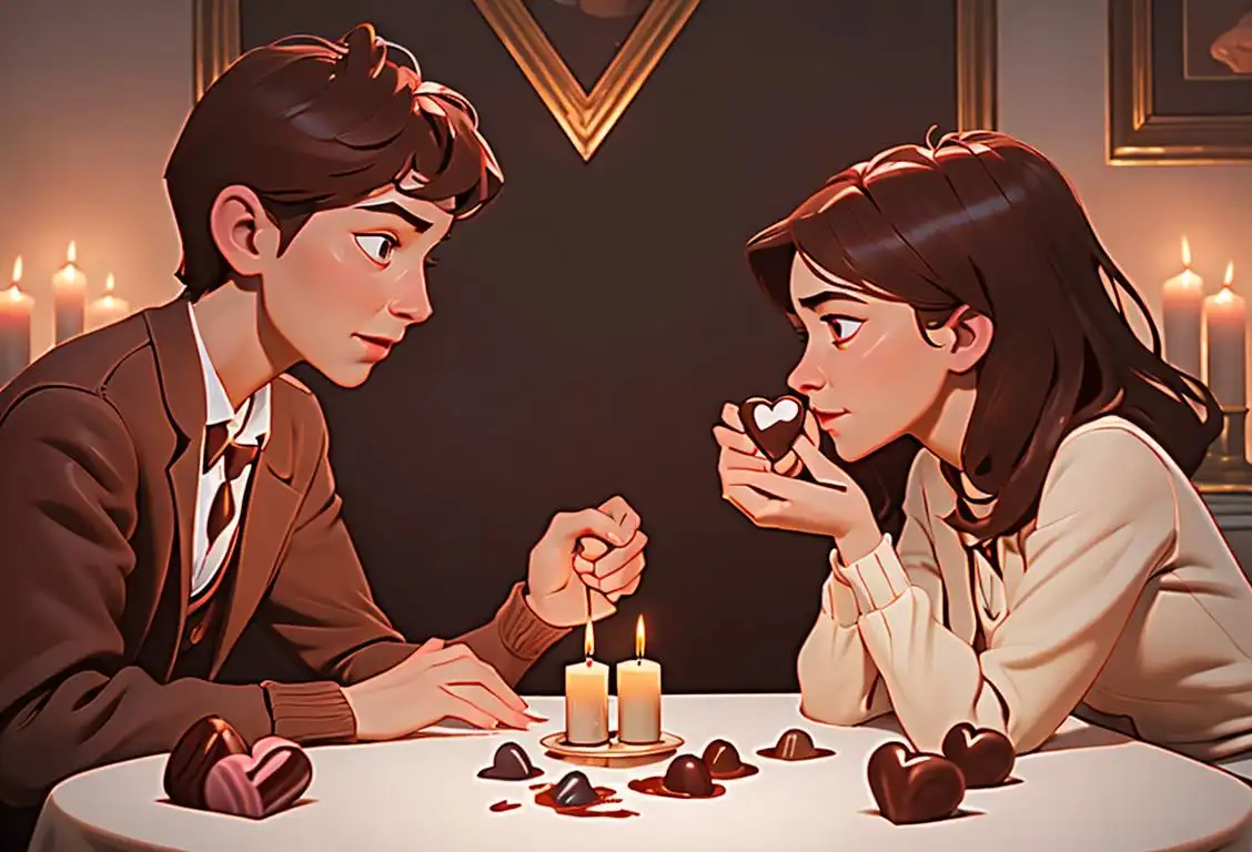 An image of a couple holding hands, surrounded by heart-shaped chocolates, in a cozy candlelit room..